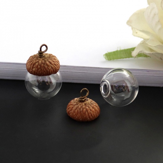Picture of Glass Miniature Globe Bubble Bottle Vial For Earring Ring Necklace Single Hole Ball White & Brown Pine Cone 14mm Dia., 1 Set