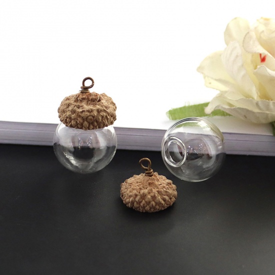 Picture of Glass Miniature Globe Bubble Bottle Vial For Earring Ring Necklace Single Hole Ball White & Brown Pine Cone 18mm Dia., 1 Set