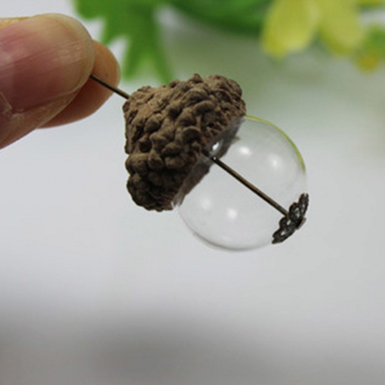 Picture of Glass Miniature Globe Bubble Bottle Vial For Earring Ring Necklace Two Holes Ball White & Brown Pine Cone 16mm Dia., 1 Set