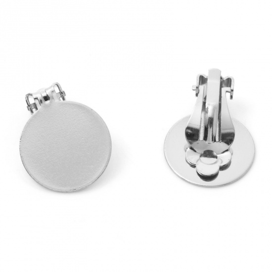 Picture of Brass Non Piercing Clip-on Earrings Real Platinum Plated Round Glue On (Fits 18mm Dia.) 24mm x 18mm, 2 PCs