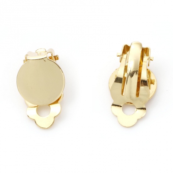 Picture of Brass Non Piercing Clip-on Earrings 18K Gold Plated Round Glue On (Fits 12mm Dia.) 21.5mm x 12mm, 2 PCs