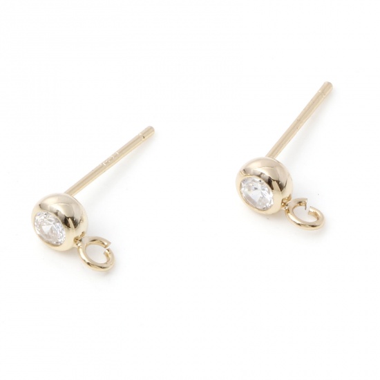 Picture of Brass Ear Post Stud Earrings 14K Gold Plated Round With Loop Clear Cubic Zirconia 7mm x 4mm, Post/ Wire Size: (21 gauge), 2 PCs
