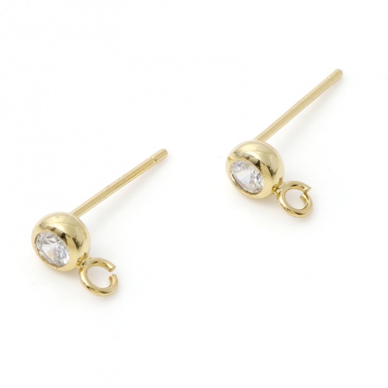 Picture of Brass Ear Post Stud Earrings 18K Gold Plated Round With Loop Clear Cubic Zirconia 7mm x 4mm, Post/ Wire Size: (21 gauge), 2 PCs