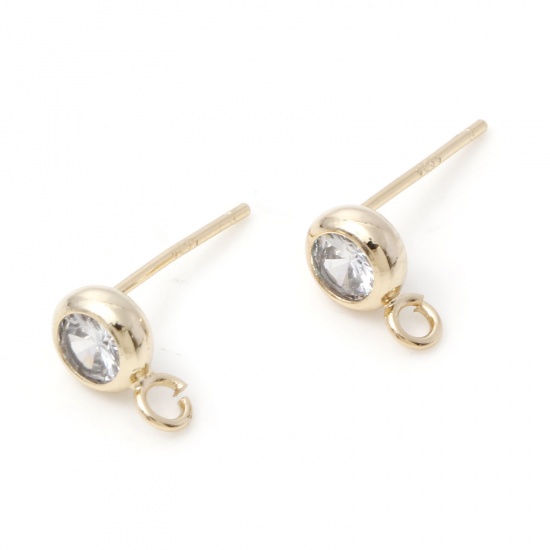 Picture of Brass Ear Post Stud Earrings 18K Gold Plated Round With Loop Clear Cubic Zirconia 8.5mm x 5.5mm, Post/ Wire Size: (21 gauge), 2 PCs