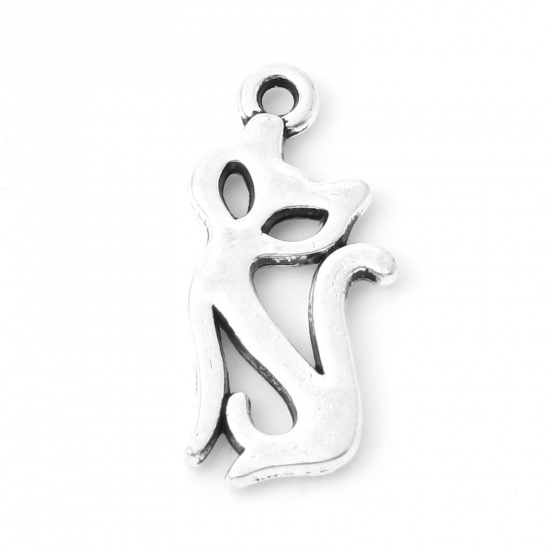 Picture of Zinc Based Alloy Charms Antique Silver Color Cat Animal Hollow 20mm x 9mm, 20 PCs