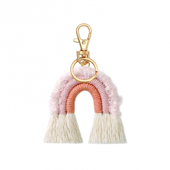 Picture of Cotton Keychain & Keyring Gold Plated Pink Rainbow Tassel 10.5cm x 5.5cm, 1 Piece