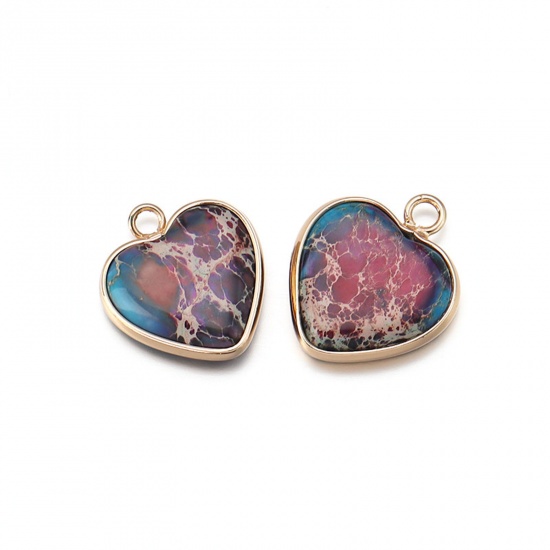 Picture of Emperor Stone ( Dyed ) Valentine's Day Charms Gold Plated Blue Violet Heart 19mm x 16mm, 1 Piece