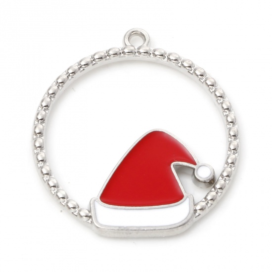 Immagine di Lega di Zinco Charms Tondo Tono Argento Rosso Cappelli di Natale Smalto 25mm x 22mm , 10 Pz