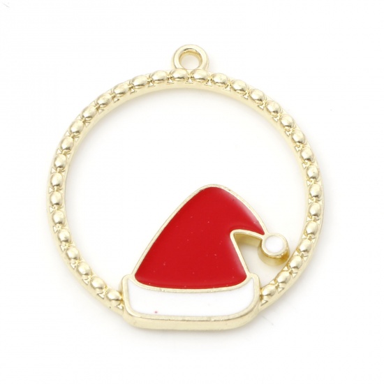 Immagine di Lega di Zinco Charms Tondo Oro Placcato Rosso Cappelli di Natale Smalto 25mm x 22mm , 10 Pz