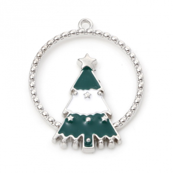 Immagine di Lega di Zinco Charms Tondo Tono Argento Verde Albero di Natale Smalto 28mm x 22mm , 10 Pz