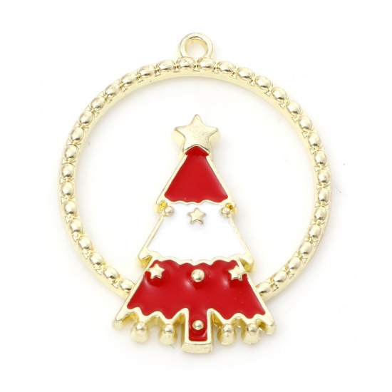 Immagine di Lega di Zinco Charms Tondo Oro Placcato Rosso Albero di Natale Smalto 28mm x 22mm , 10 Pz