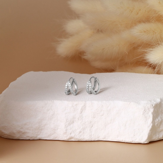 Immagine di 2 Pz Elegante Squisito Platino Placcato Ottone & Strass Orecchini Circolari Per Donne Regalo 10mm x 8.5mm, Posta / Filo Dimensione: 0.8mm(20 misura)