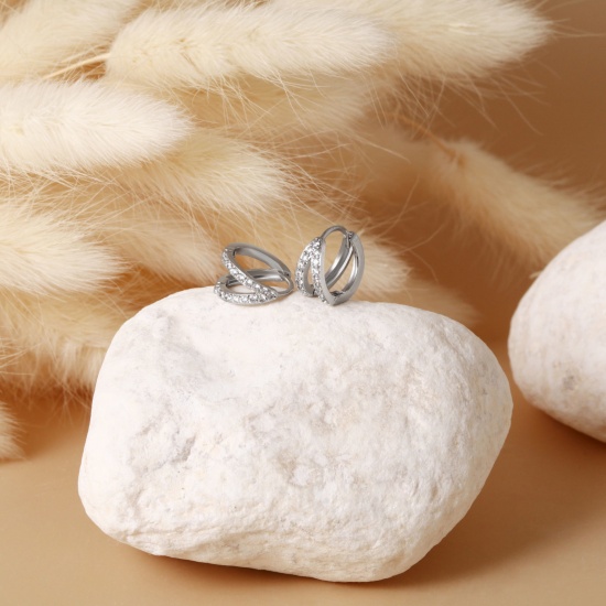 Immagine di 2 Pz Elegante Squisito Platino Placcato Ottone & Strass Orecchini Circolari Per Donne Regalo 10mm x 8.5mm, Posta / Filo Dimensione: 0.8mm(20 misura)