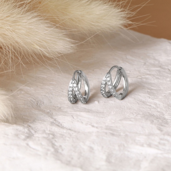 Immagine di 2 Pz Elegante Squisito Platino Placcato Ottone & Strass Orecchini Circolari Per Donne Regalo 10mm x 8.5mm, Posta / Filo Dimensione: 0.8mm(20 misura)