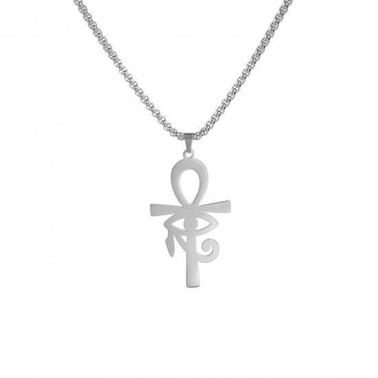 Picture of 304 Stainless Steel Religious Box Chain Necklace Silver Tone Ankh Egyptian Cross Evil Eye Hollow 60cm(23 5/8") long, 1 Piece