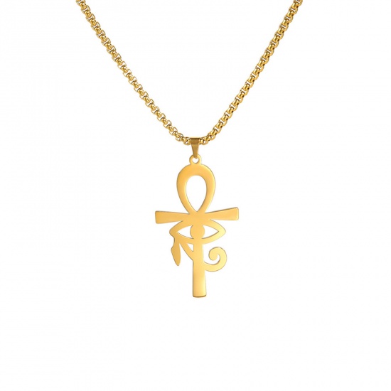 Picture of 304 Stainless Steel Religious Box Chain Necklace Gold Plated Ankh Egyptian Cross Evil Eye Hollow 60cm(23 5/8") long, 1 Piece