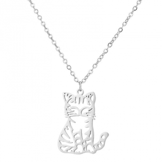 Picture of 304 Stainless Steel Stylish Necklace Silver Tone Cat Animal Hollow 45cm(17 6/8") long, 1 Piece