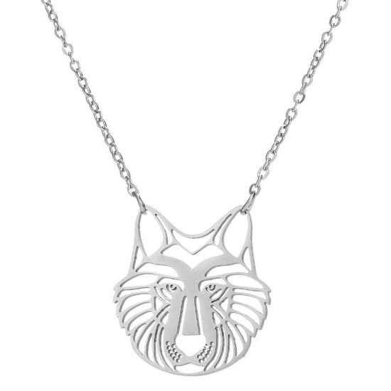 Picture of 304 Stainless Steel Stylish Necklace Silver Tone Lion Animal Hollow 45cm(17 6/8") long, 1 Piece
