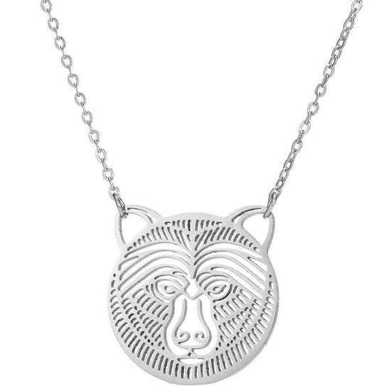 Picture of 304 Stainless Steel Stylish Necklace Silver Tone Bear Animal Hollow 45cm(17 6/8") long, 1 Piece