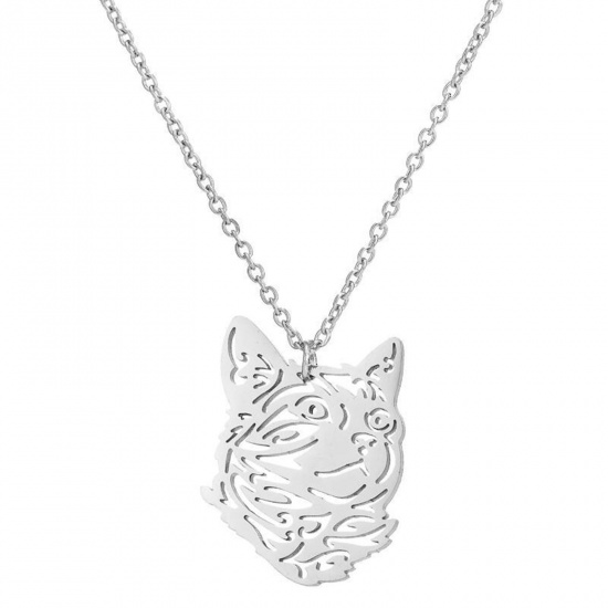 Picture of 304 Stainless Steel Stylish Necklace Silver Tone Cat Animal Hollow 45cm(17 6/8") long, 1 Piece