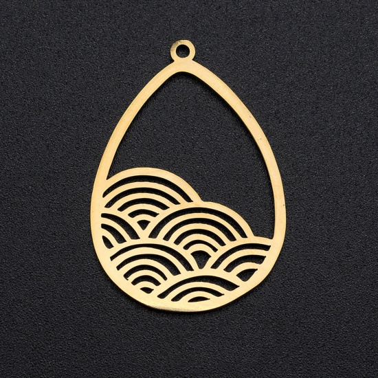 Picture of 304 Stainless Steel Filigree Stamping Charms Gold Plated Oval Wave Hollow 30mm x 21mm, 2 PCs