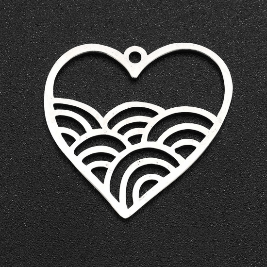Picture of 304 Stainless Steel Filigree Stamping Charms Silver Tone Heart Wave Hollow 23mm x 23mm, 2 PCs
