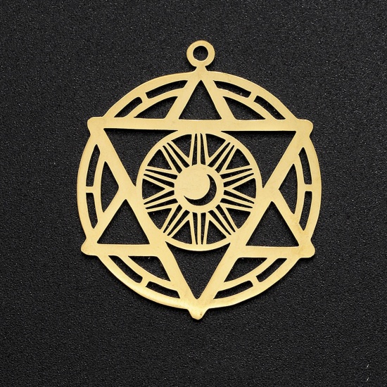 Picture of 304 Stainless Steel Filigree Stamping Charms Gold Plated Polygon Pentagram Star Hollow 35mm x 30mm, 2 PCs