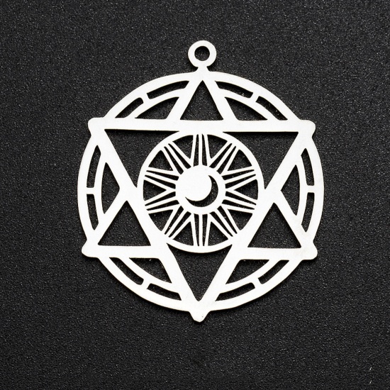 Picture of 304 Stainless Steel Filigree Stamping Charms Silver Tone Pentagram Star Moon Hollow 35mm x 30mm, 2 PCs