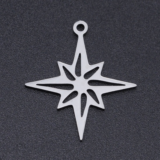 Picture of 304 Stainless Steel Filigree Stamping Charms Silver Tone Star Hollow 24mm x 21mm, 2 PCs