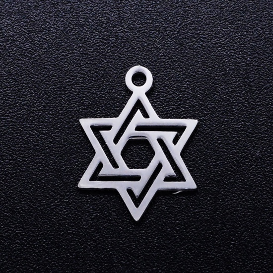 Picture of 304 Stainless Steel Filigree Stamping Charms Silver Tone Star Of David Hexagram Hollow 16mm x 12mm, 2 PCs