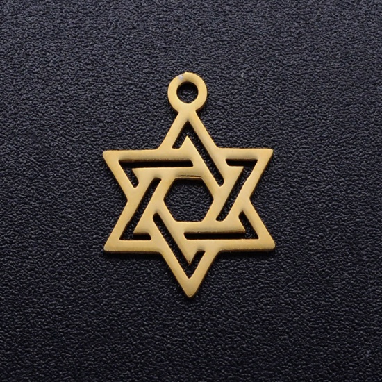 Picture of 304 Stainless Steel Filigree Stamping Charms Gold Plated Star Of David Hexagram Hollow 16mm x 12mm, 2 PCs