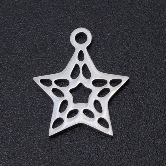 Picture of 304 Stainless Steel Filigree Stamping Charms Silver Tone Pentagram Star Hollow 15mm x 12.5mm, 2 PCs
