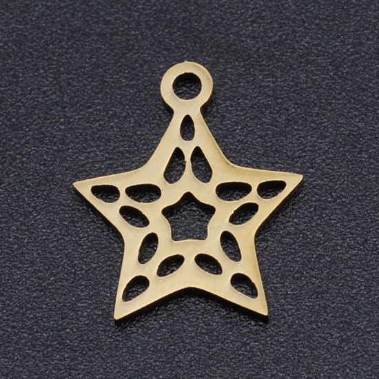 Picture of 304 Stainless Steel Filigree Stamping Charms Gold Plated Pentagram Star Hollow 15mm x 12.5mm, 2 PCs