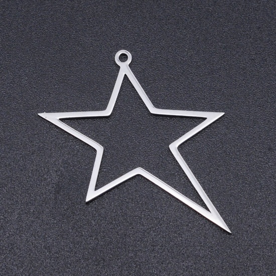 Picture of 304 Stainless Steel Filigree Stamping Charms Silver Tone Pentagram Star Hollow 33mm x 30mm, 2 PCs