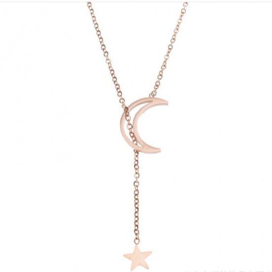 Bild von Titan Edelstahl Galaxis Gliederkette Kette Y Form Lariat Halskette Rosegold Stern Mond Hohl 45cm lang, 1 Strang