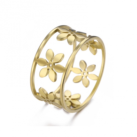 Picture of 304 Stainless Steel Stylish Unadjustable Rings Gold Plated Round Daisy Flower Hollow 18.9mm(US Size 9), 9.7mm, 1 Piece