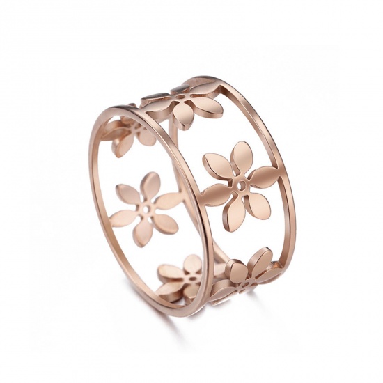 Picture of 304 Stainless Steel Stylish Unadjustable Rings Rose Gold Round Daisy Flower Hollow 17.3mm(US Size 7), 9.7mm, 1 Piece