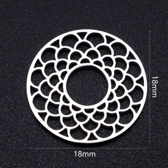 Imagen de 304 Acero Inoxidable Filigrana Estampación Colgantes Charms Ronda Tono de Plata Hueco 18mm x 18mm, 2 Unidades