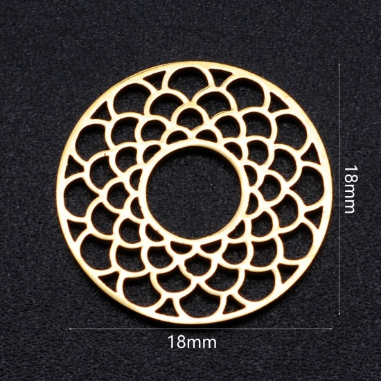 Imagen de 304 Acero Inoxidable Filigrana Estampación Colgantes Charms Ronda Chapado en Oro Hueco 18mm x 18mm, 2 Unidades