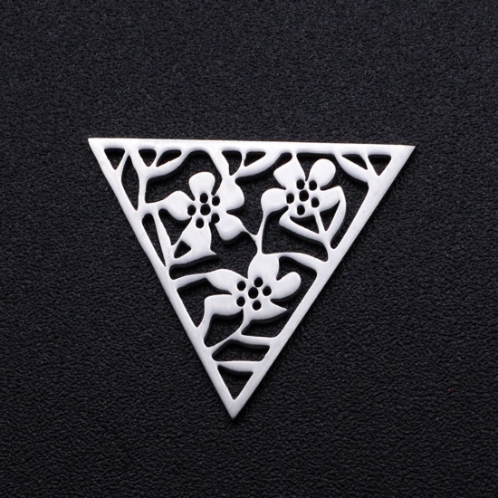 Picture of 304 Stainless Steel Filigree Stamping Charms Silver Tone Triangle Flower Hollow 20mm x 17mm, 2 PCs