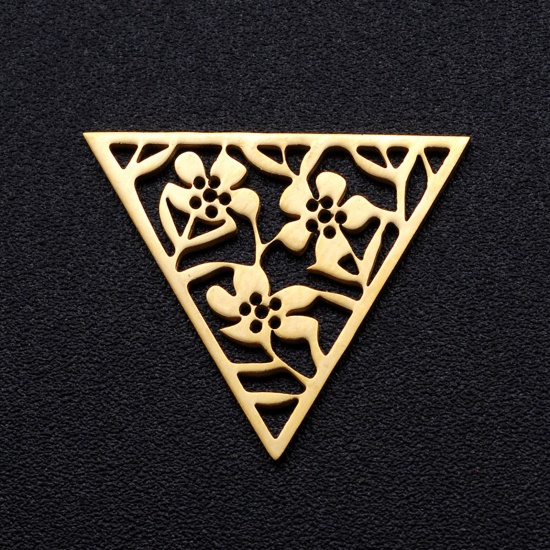 Picture of 304 Stainless Steel Filigree Stamping Charms Gold Plated Triangle Flower Hollow 20mm x 17mm, 2 PCs