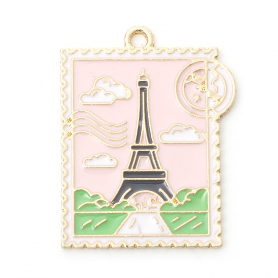 Immagine di Lega di Zinco Viaggio Ciondoli Francobollo Oro Placcato Rosa Torre Eiffel Smalto 3.2cm x 2.5cm , 5 Pz