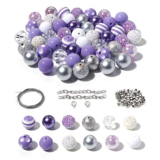 Picture of Acrylic Beads DIY Kits For Bracelet Necklace Jewelry Making Handmade Accessories Purple Round About 20mm Dia., Hole: Approx 2.5mm-2mm, 1 Set