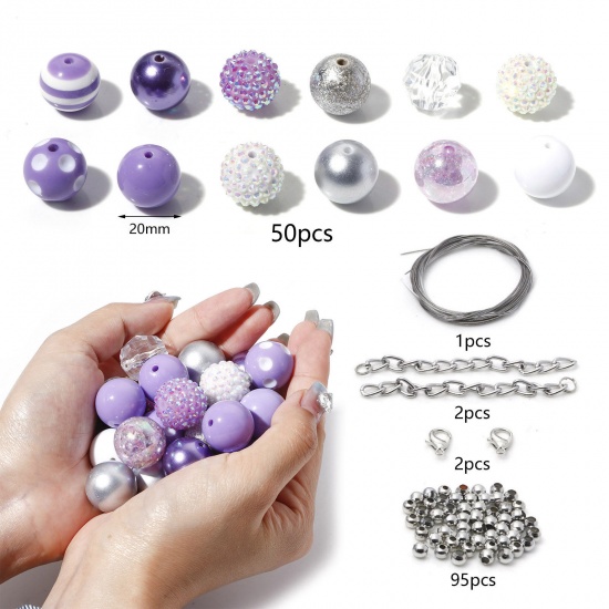 Picture of Acrylic Beads DIY Kits For Bracelet Necklace Jewelry Making Handmade Accessories Purple Round About 20mm Dia., Hole: Approx 2.5mm-2mm, 1 Set