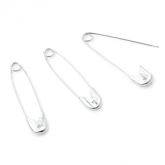 Picture of Iron Based Alloy Safety Pin Brooches Findings Silver Tone 27mm x 6mm, 1 Packet ( 1000 PCs/Packet)