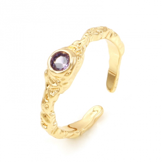 Picture of Copper Open Adjustable Rings 18K Real Gold Plated Purple Cubic Zirconia 16mm(US size 5.25), 1 Piece