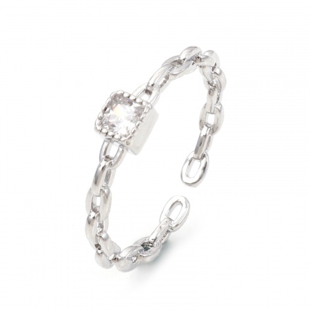 Picture of Brass Open Adjustable Rings Real Platinum Plated Link Chain Clear Cubic Zirconia 16mm(US size 5.25), 1 Piece