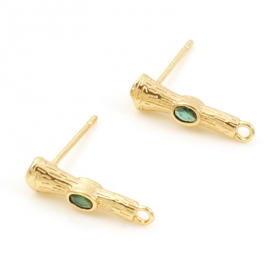 Picture of Brass Ear Post Stud Earrings 18K Real Gold Plated Bamboo-shaped With Loop Green Cubic Zirconia 16mm x 4mm, Post/ Wire Size: (21 gauge), 2 PCs