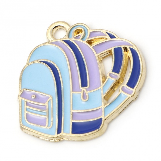 Picture of Zinc Based Alloy College Jewelry Charms Gold Plated Blue School Bag Enamel 20mm x 19mm, 5 PCs