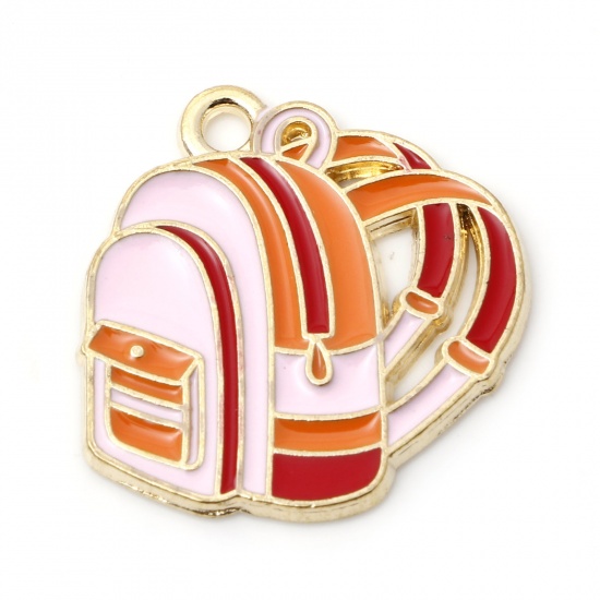 Picture of Zinc Based Alloy College Jewelry Charms Gold Plated Light Pink School Bag Enamel 20mm x 19mm, 5 PCs